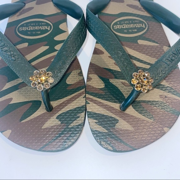 Havaiana’s Green Camo Flip Flops Crystal Adorned EUR 37/8 US 4/5 Pool beach - Picture 3 of 9